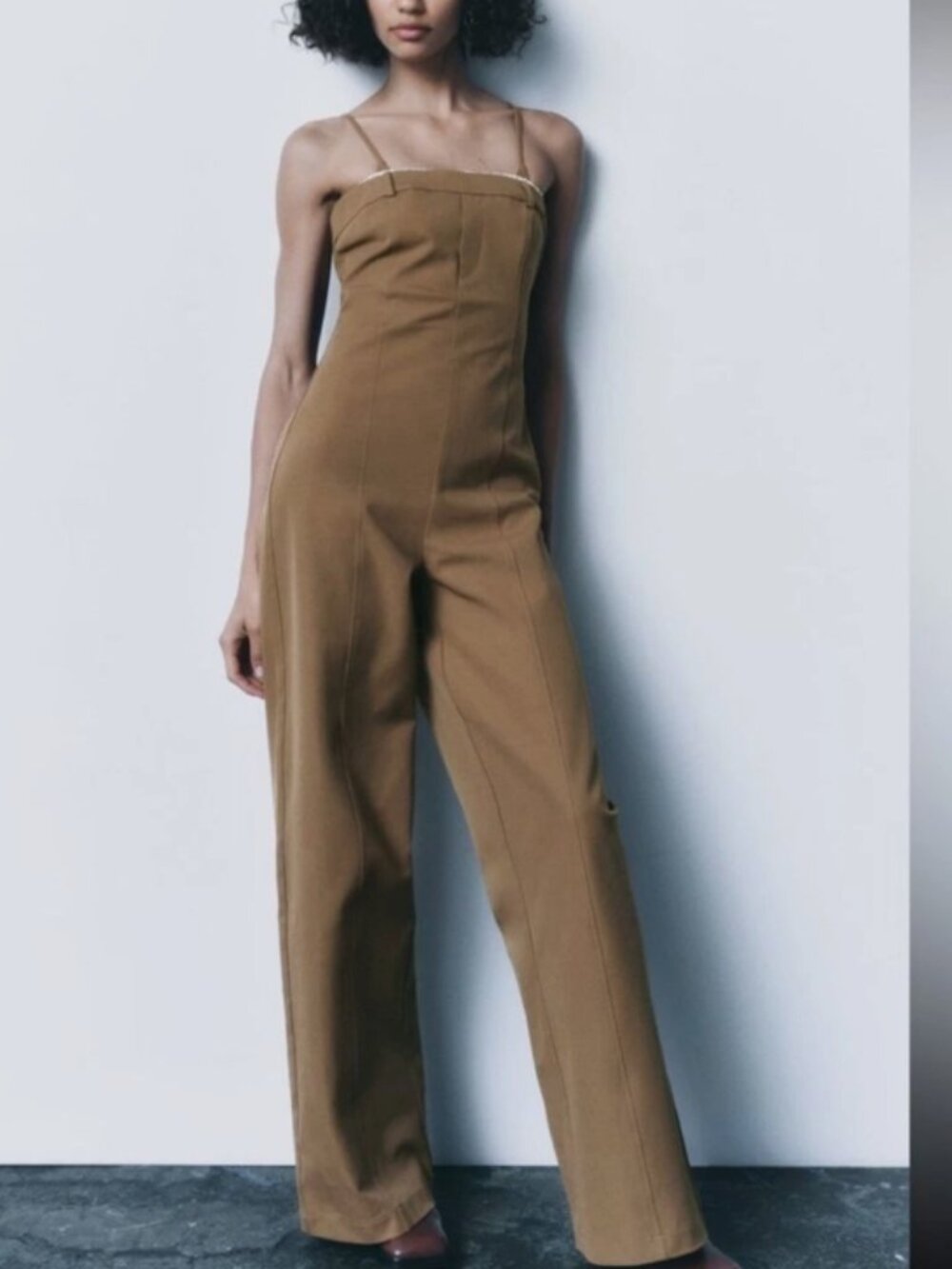 ZARA Brown Flare Wide Leg Jumpsuit High Waist Stretch 8342/234 Size S NWT